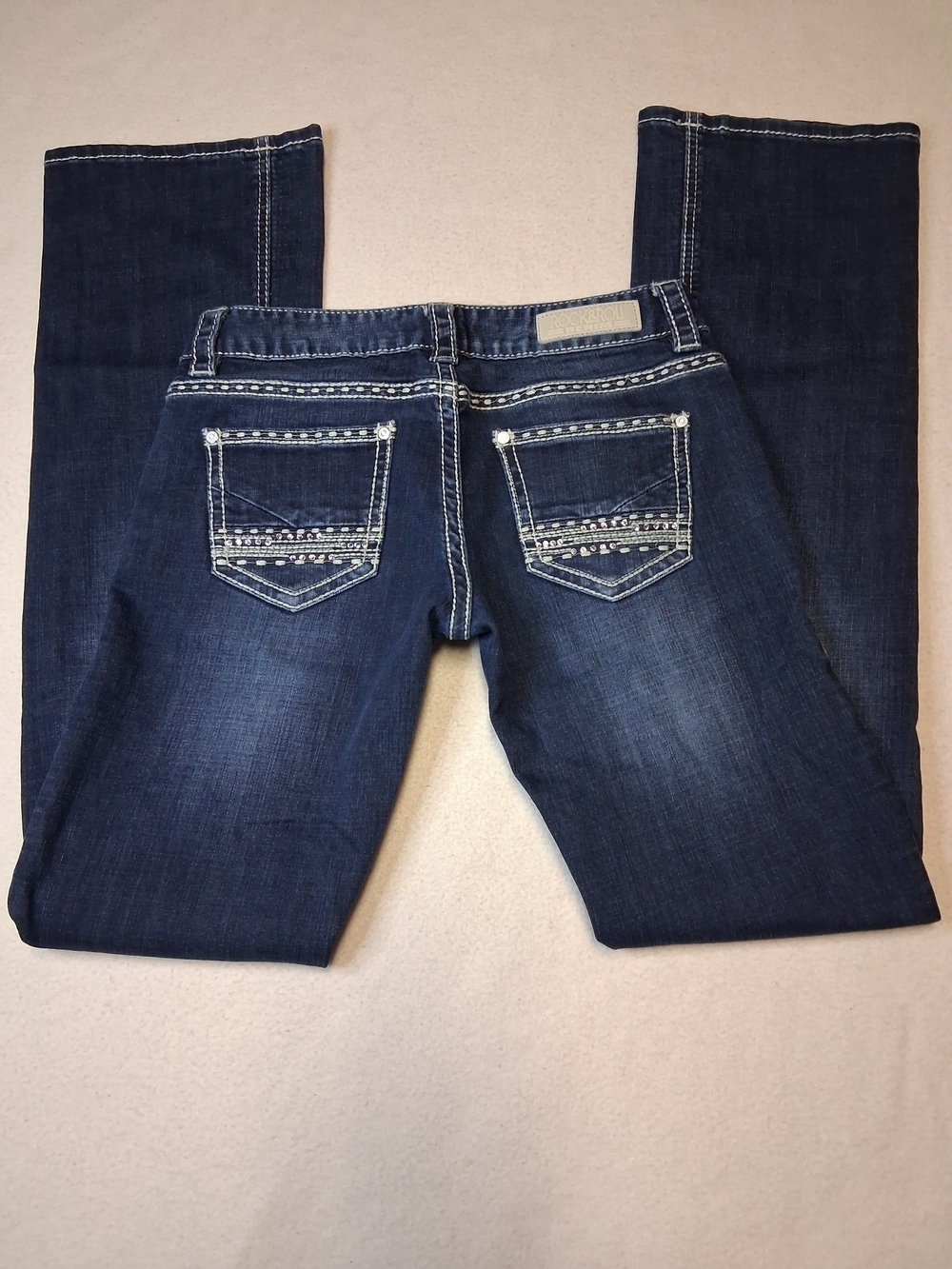Rock & Roll Cowgirl Dark Blue Boot Cut Jeans with Rhinestone Back Pockets